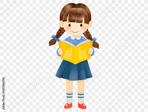 Watercolor schoolgirl reading book. vector