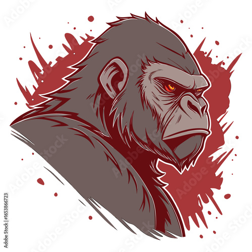 Fierce gorilla portrait with red background and splatters, conveying power and aggression