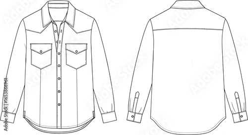 cad drawing flat vector illustration, long sleeve western shirt technical sketch, men’s casual fashion design template, front back view