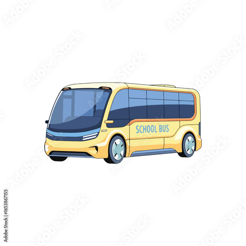 A modern yellow school bus with a futuristic, aerodynamic design, isolated on a white background.