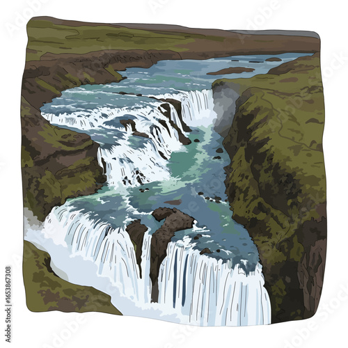 Pixelated Waterfall Landscape with Lush Green Vegetation and Cascading Water on a Rocky Cliffside