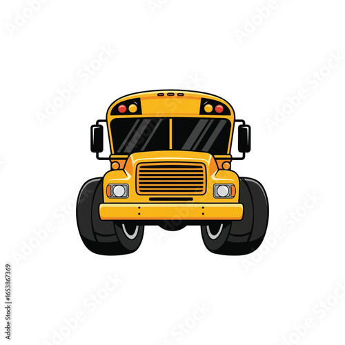 A cartoon illustration of a bright yellow school bus with oversized, rugged tires, presented from a frontal perspective against a white background.