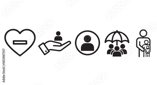 Flat lay of five simple black icons representing heart health, care, profile, family protection, and parent-child bond, against a white background.