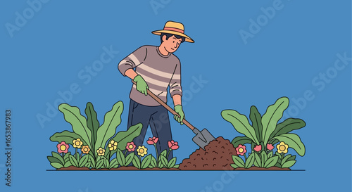 Man gardening with a shovel digging soil in the garden with vibrant flowers and lush plants portraying environmental care hobby and sustainable living in the sunshine.