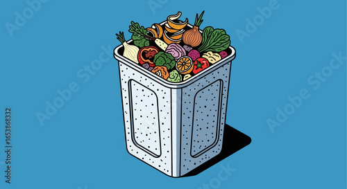 Organic compost bin overflowing with food scraps and garden waste for environmental sustainability and waste reduction illustrating a eco-friendly lifestyle and promoting responsible composting.