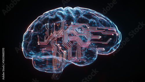 Floating hologram brain, neon light illuminating dark lab, detailed neural pathways glowing