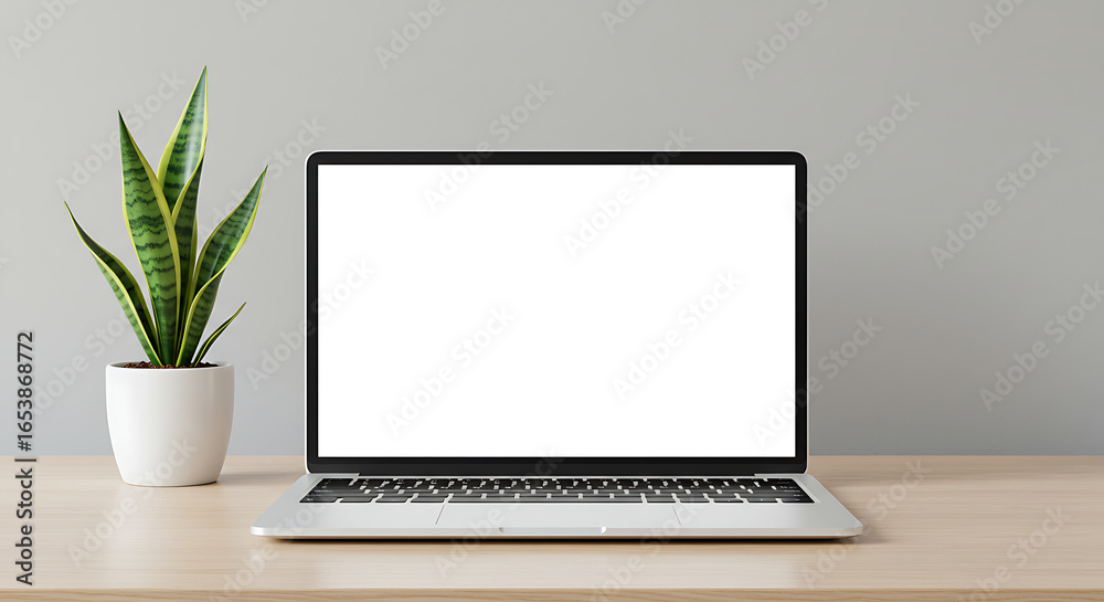 Fototapeta premium Front view laptop with blank white screen on work desk for workspace mockup