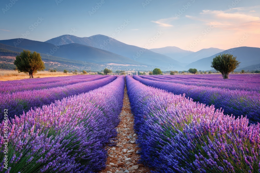 Obraz premium Lavender field at dawn, mountains in the background