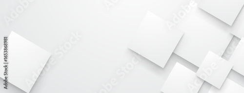 White abstract background with layered squares, varying sizes, and soft shadows, creating depth and visual interest.