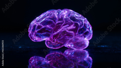 Floating hologram brain, neon light illuminating dark lab, detailed neural pathways glowing