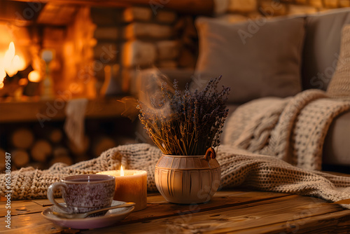 Hygge-style country living room, stone fireplace with fire, cozy blanket, candlelight, steaming tea, wooden coffee table, soft rustic details, calm evening mood