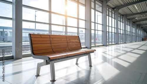 Empty bench at sunny train station platform