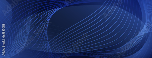 Blue wavy lines and grid pattern create a futuristic, abstract background with depth and movement.