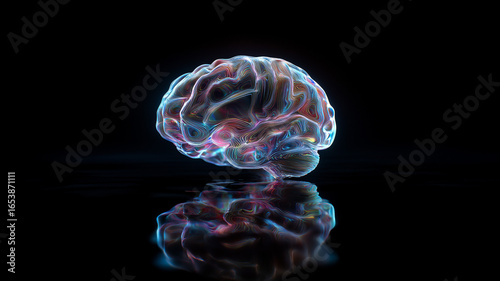 Floating hologram brain, neon light illuminating dark lab, detailed neural pathways glowing