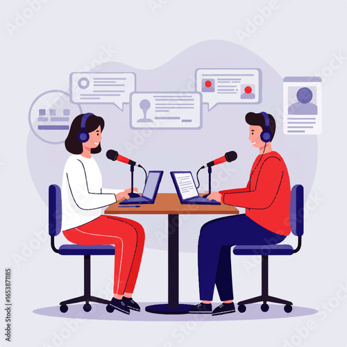 Podcast hosts in a studio, a man and woman engaged in a live broadcasting and discussion for their online audio show.