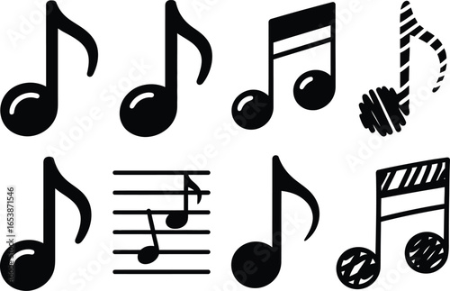 Various musical note illustrations in black and white format