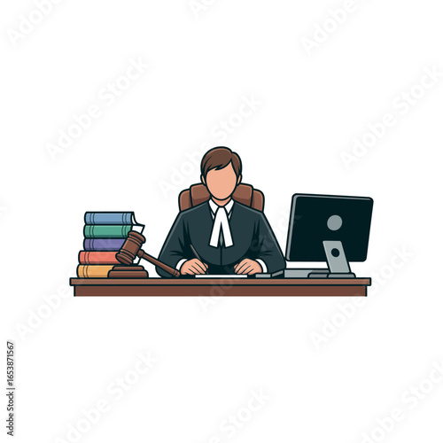 Judge in robe sitting at desk with gavel and books writing on paper courtroom justice