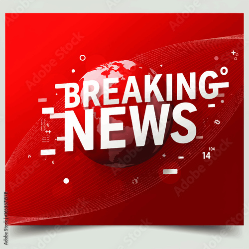 Breaking news global broadcast background with a red backdrop, modern digital elements, and world globe graphic for live television shows