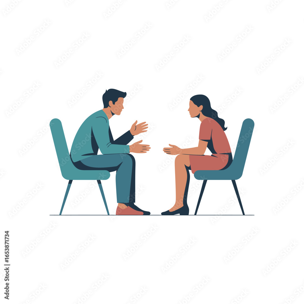 Fototapeta premium Man and woman sitting in chairs talking to each other conversation discussion