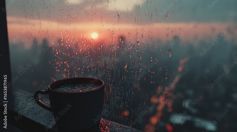 Obraz premium Sunrise View Through Rainy Window With Coffee Cup