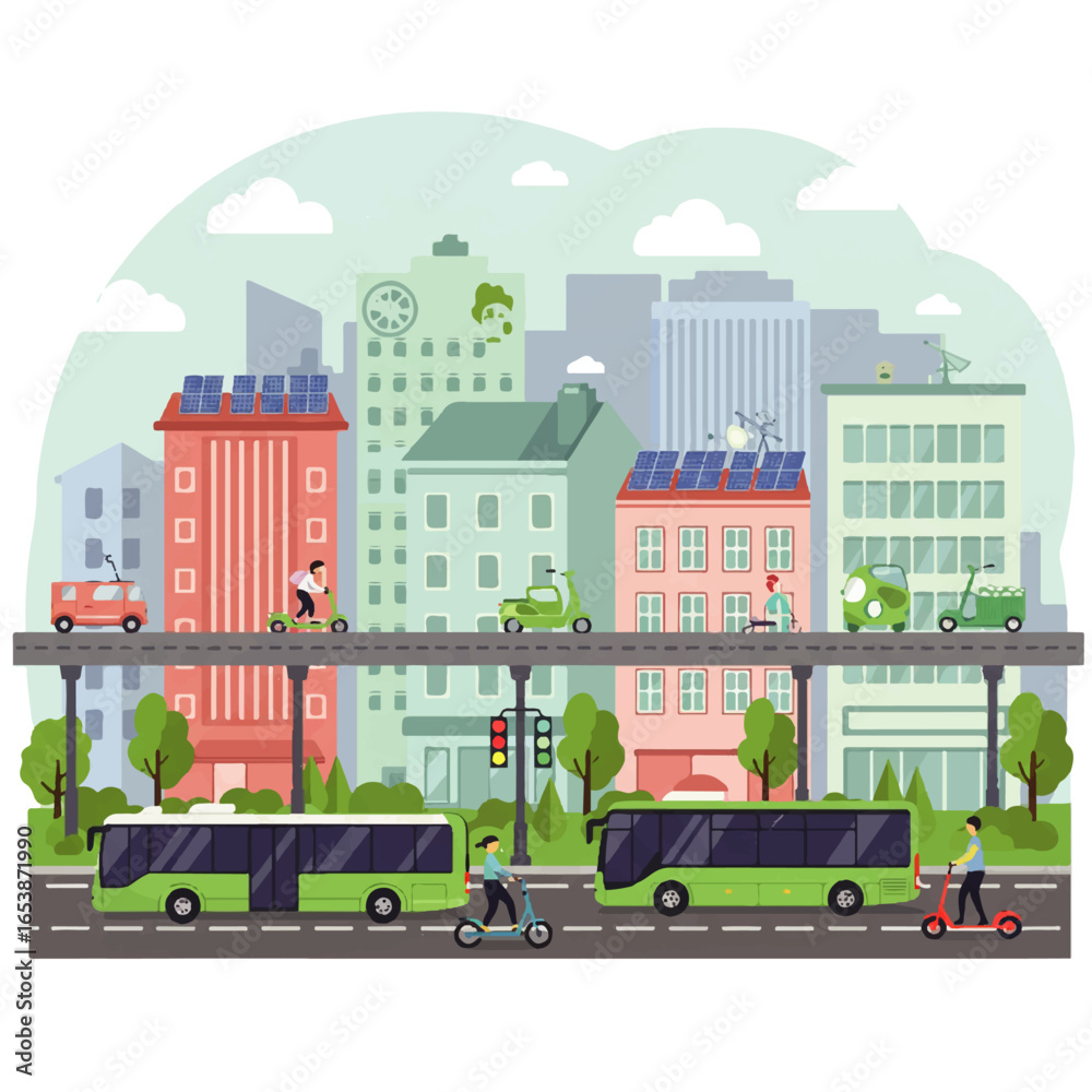 Obraz premium Green city concept featuring eco-friendly transport, electric scooters, and renewable solar energy on buildings. Modern urban illustration.