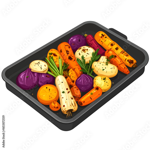 Roasted Root Vegetables in Pixel Art Style with Carrots Parsnips and Red Onions on a Dark Gray Tray