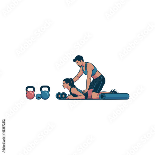 Woman exercising with trainer on mat with dumbbells and kettlebells fitness exercise