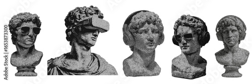 Set of greek statues wearing sunglasses, headphones and VR glasses halftone grunge vector design elements