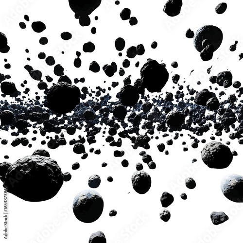 Dense Asteroid Field with Black and Gray Rocks in Vast White Space Background