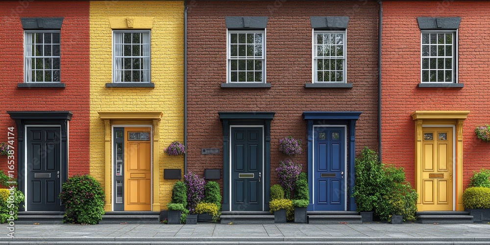 Fototapeta premium Brick row private houses, showcasing traditional residential architecture in a charming urban setting. 3D rendering, Generative AI