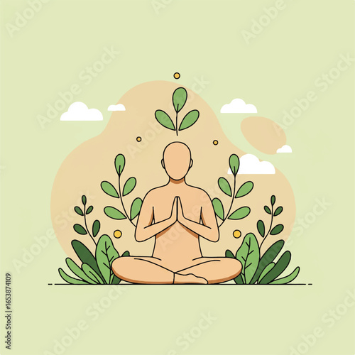 Serene Meditation and Yoga A Figure in Lotus Pose Surrounded by Lush Greenery and Clouds, Evoking Calmness and Well-being
