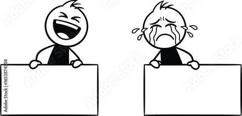 Laughing and crying stick figures holding blank signs vector