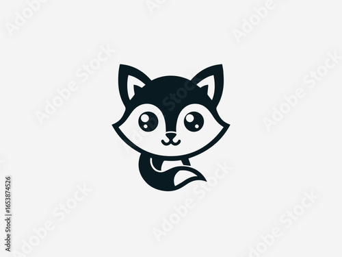 Playful baby fox with bushy tail and curious expression in charming vector logo