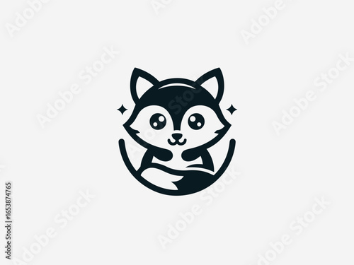 Playful baby fox with bushy tail and curious expression in charming vector logo