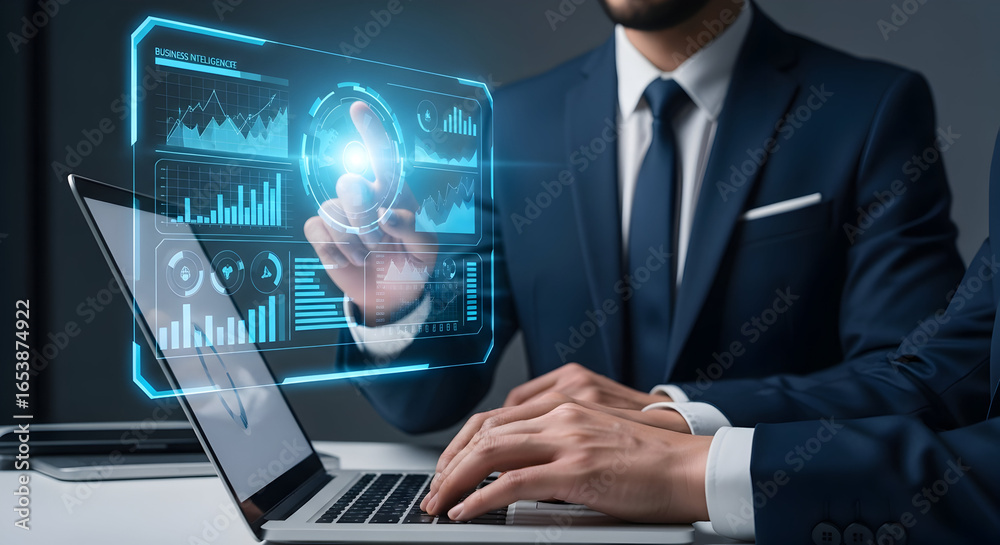 Fototapeta premium Businessman working on a laptop with digital interface overlay