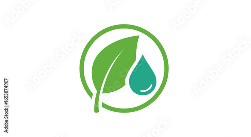 Green leaf and water droplet inside a circular frame, symbolizing nature and sustainability.