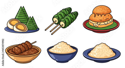 Cartoon illustration of various Indonesian food items, including skewers, buns, and rice powder.
