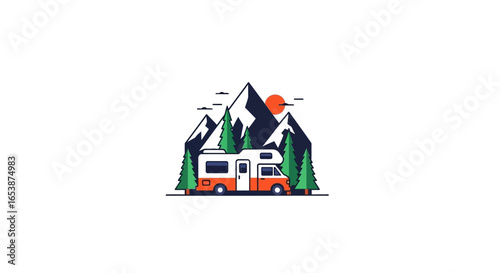 A campervan parked amidst a minimalist mountain landscape at sunset.