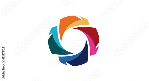 Colorful circular logo design featuring multiple stylized arrows radiating outward.