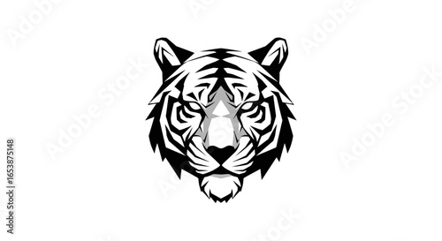 A stylized black and white tiger head, fierce expression, graphic design.