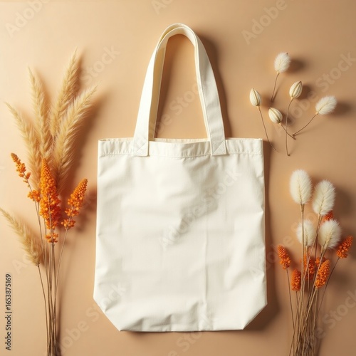 A white tote bag is displayed alongside dried floral arrangements on a neutral colored surface top view tote bag mockup