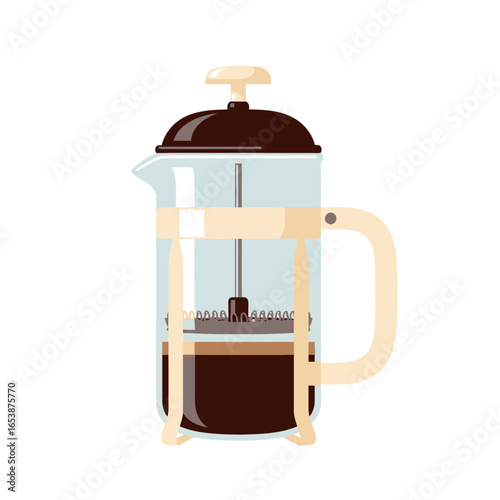 French press coffee maker filled with dark brew, ready to serve.