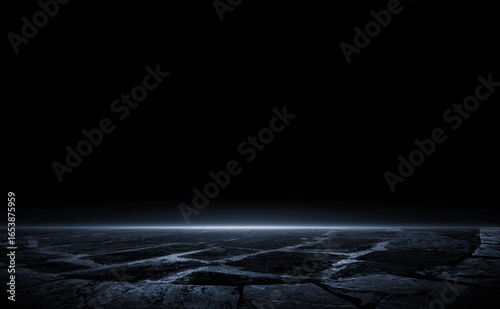 3D Rendering Abstract asphalt light in a dark empty street with smoke background.
