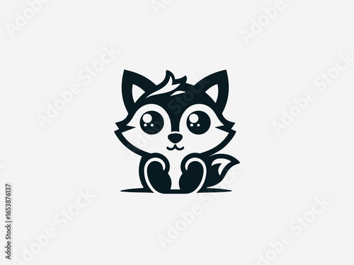 Playful baby fox with bushy tail and curious expression in charming vector logo
