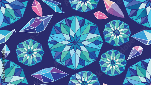 A field of shimmering crystalline flowers with vibrant colors