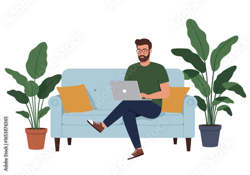Vector illustration of man on couch with laptop
