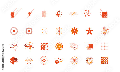 オレンジのスパークルスター アイコンセット – 輝き・きらめき・光・装飾素材 Orange Sparkle Star Icon Set – Shiny, Glow, Light Burst, Twinkle, Decorative Vector Collection