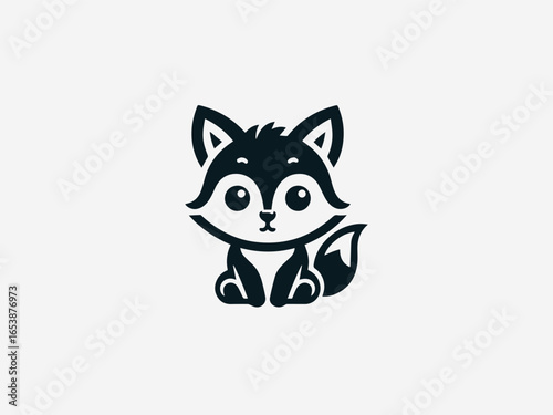 Playful baby fox with bushy tail and curious expression in charming vector logo