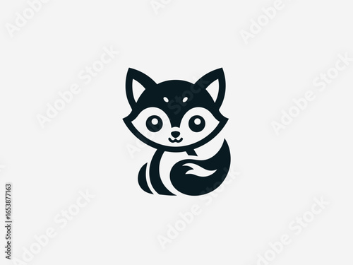 Playful baby fox with bushy tail and curious expression in charming vector logo