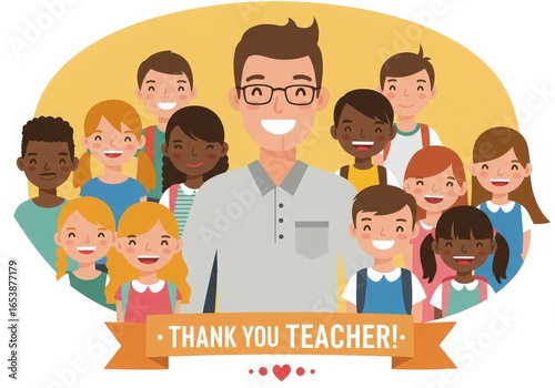 Smiling teacher surrounded by diverse happy students in a classroom setting